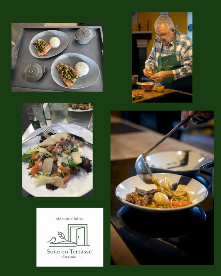 Guest table in Cognac with homemade dishes and Pascal cooking at Suite en Terrasse